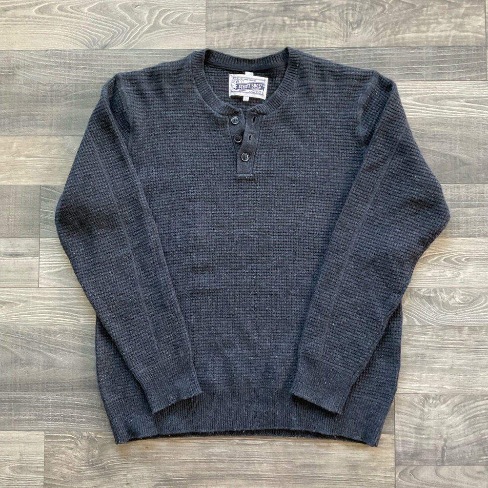Schott Bros Wool Blend Waffle Henley Sweater Men’s LARGE Charcoal Black Button